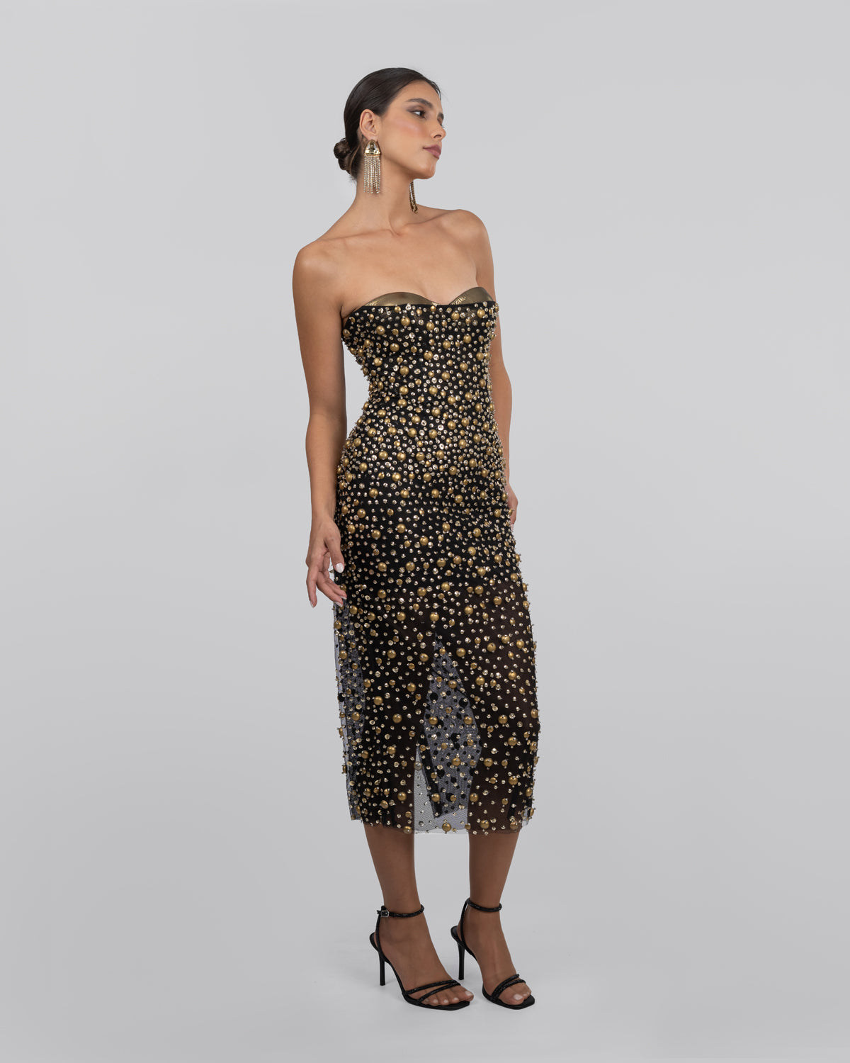Black Tulle Embroidered Strapless Midi Dress