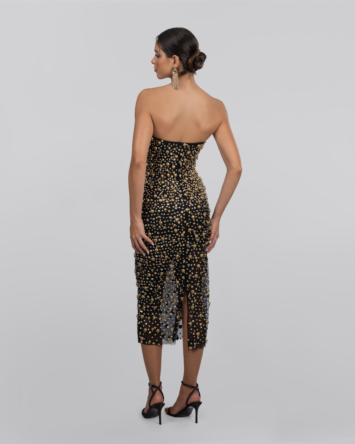 Black Tulle Embroidered Strapless Midi Dress