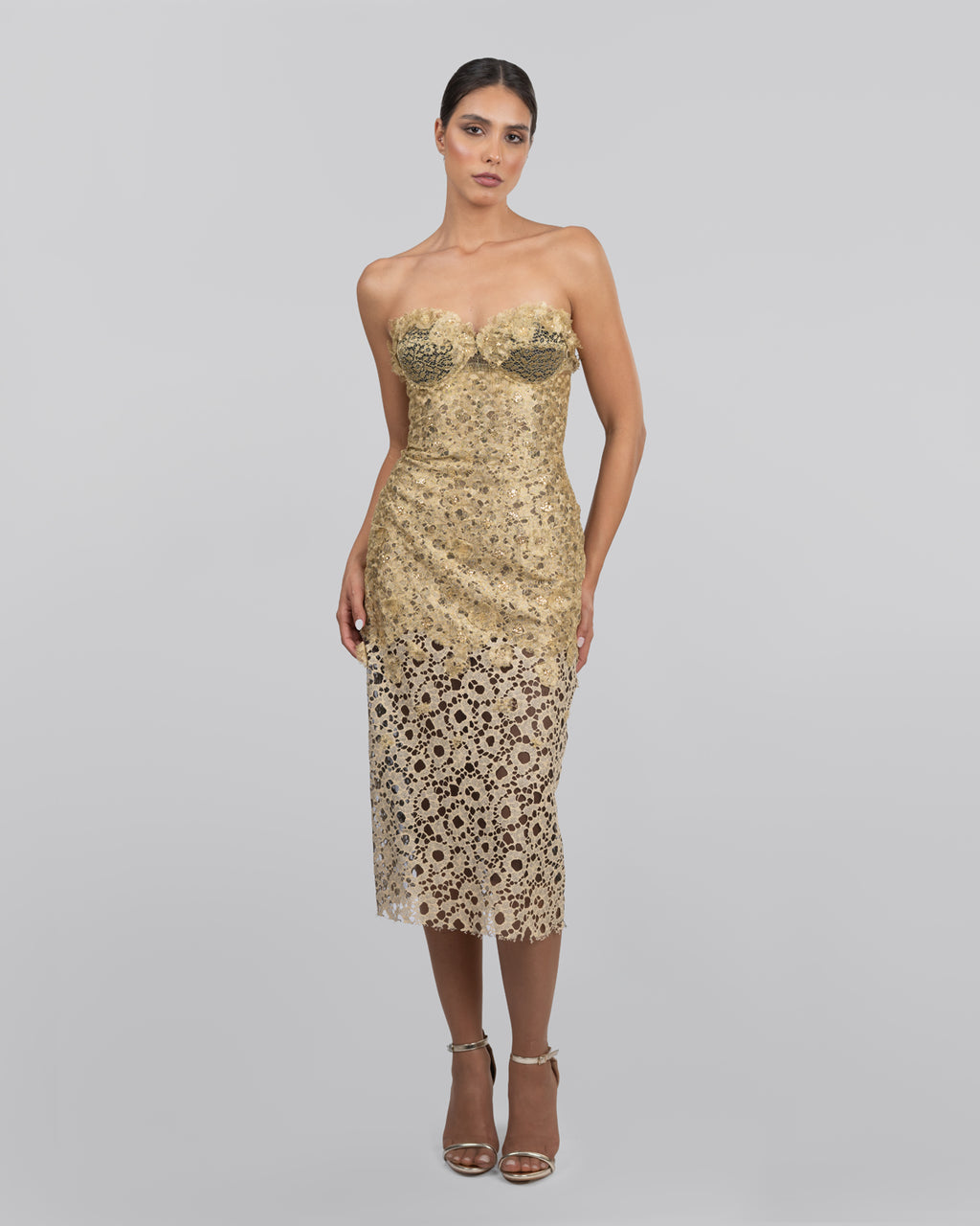 Gold Refined French Lace Midi Dress