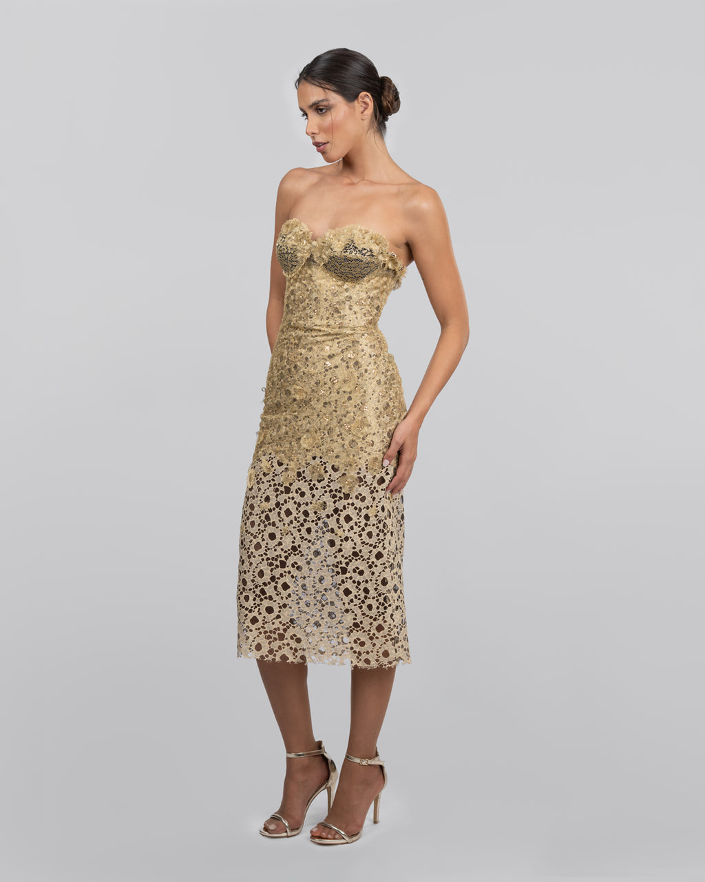 Gold Refined French Lace Midi Dress