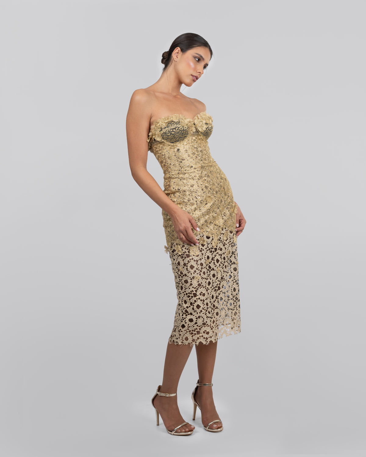 Gold Refined French Lace Midi Dress