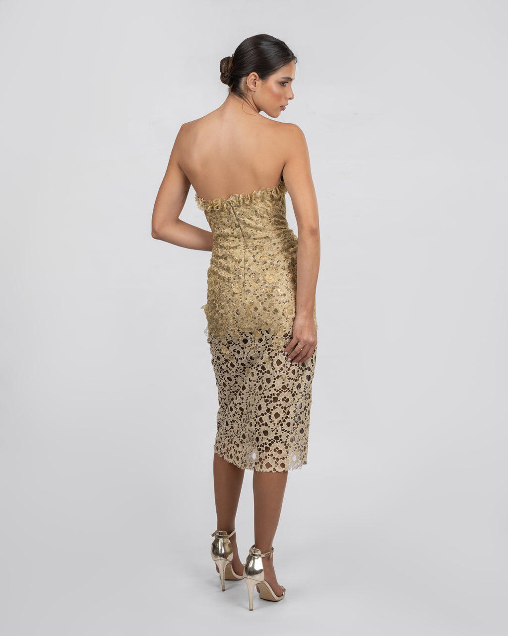Gold Refined French Lace Midi Dress