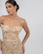 Golden Guipure Strappless Dress