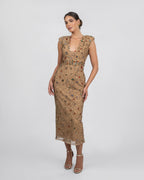 Midi Dress - Hand-Embellished Gold Couture