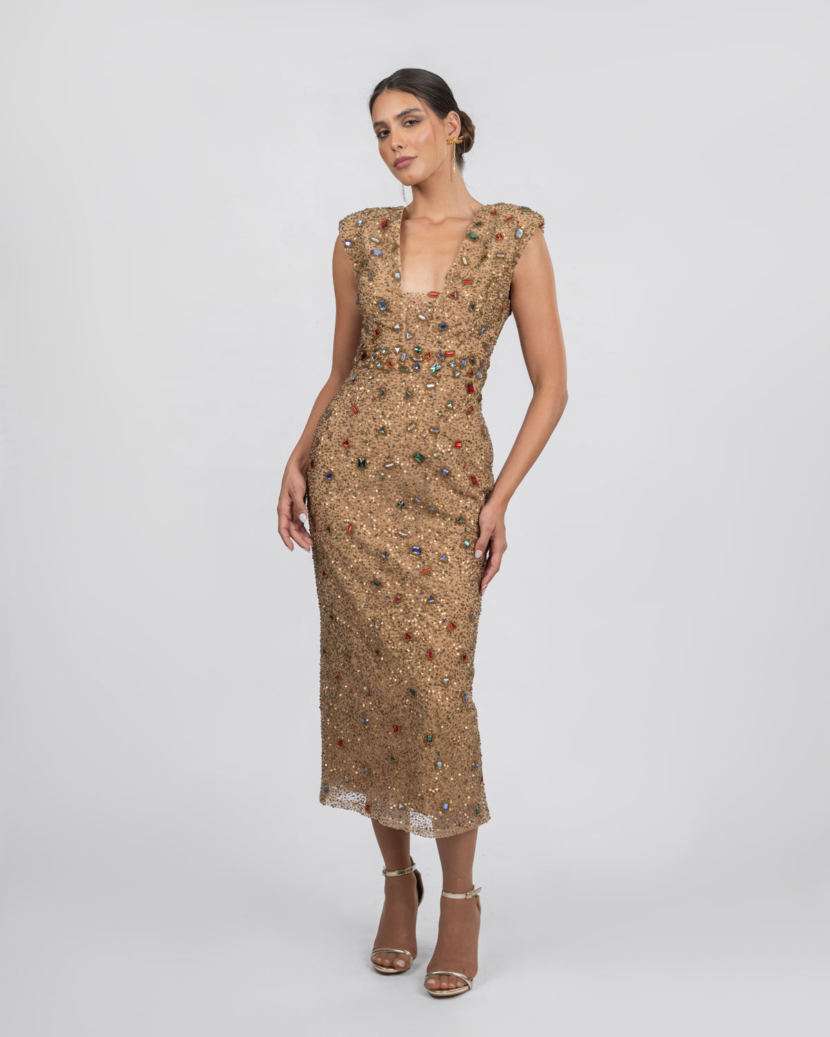 Midi Dress - Hand-Embellished Gold Couture