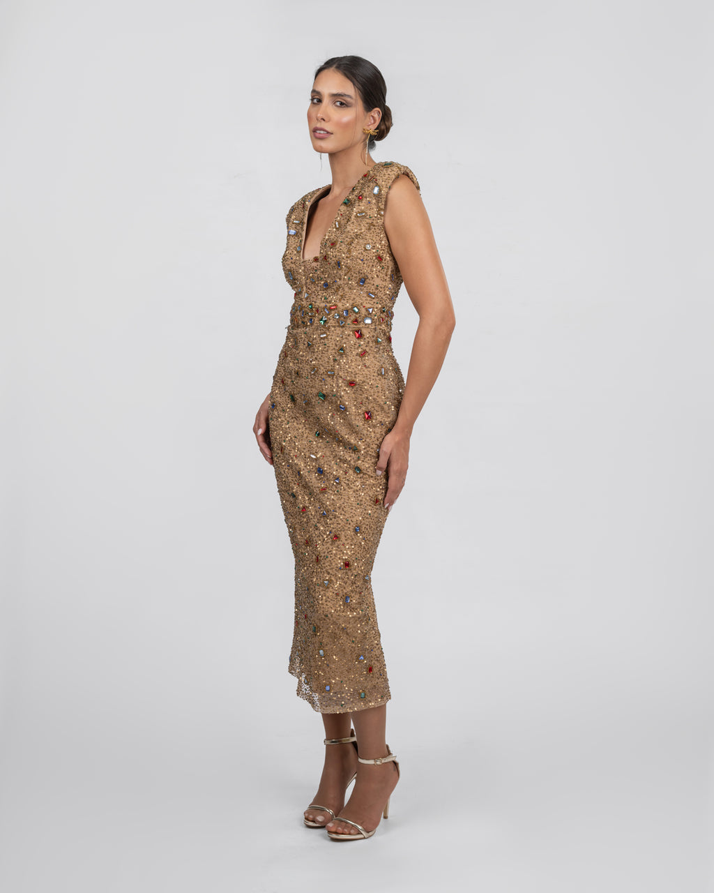 Midi Dress - Hand-Embellished Gold Couture