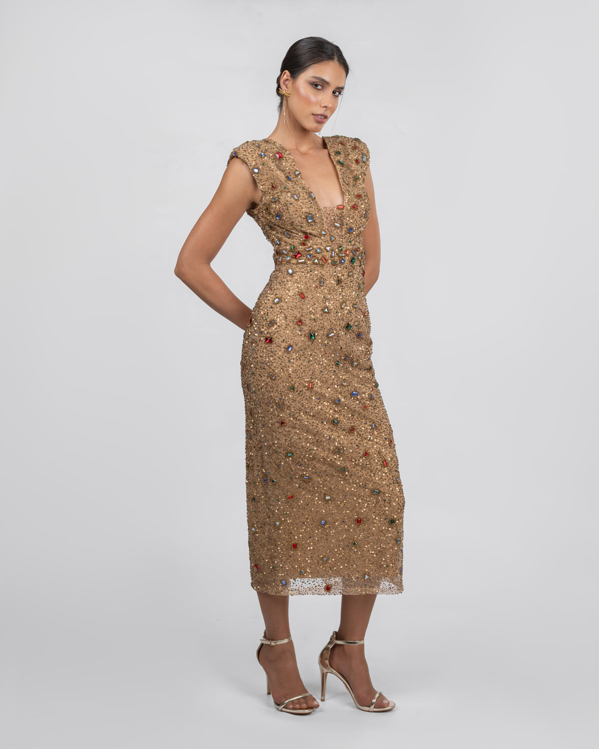 Midi Dress - Hand-Embellished Gold Couture