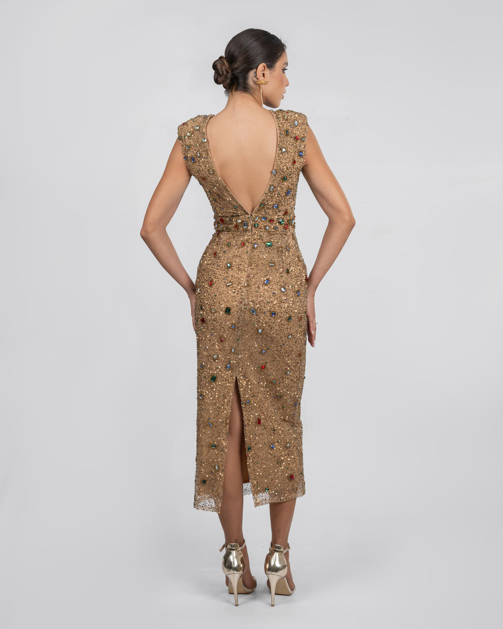 Midi Dress - Hand-Embellished Gold Couture