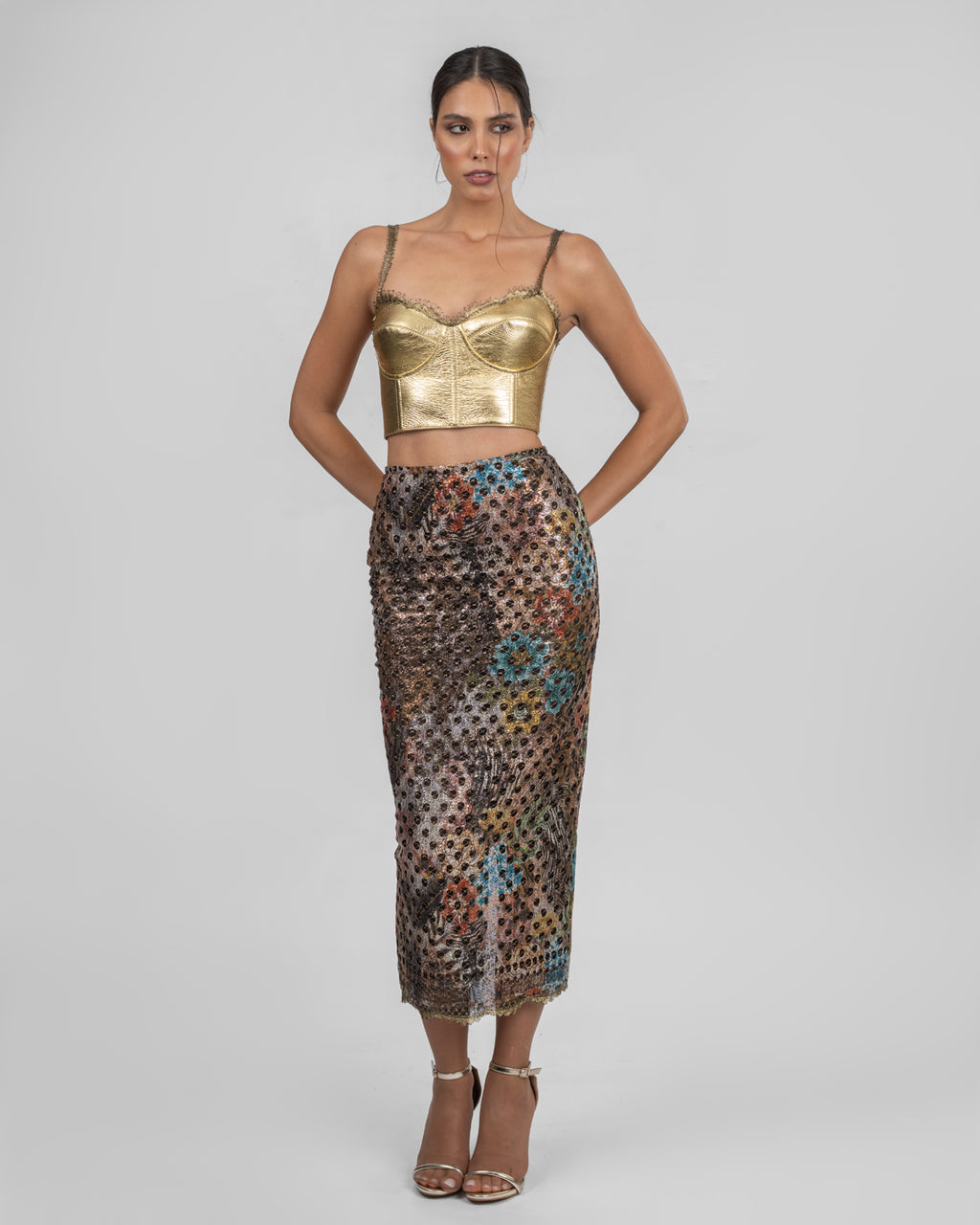 Gold Leather Corset & French Lace Skirt