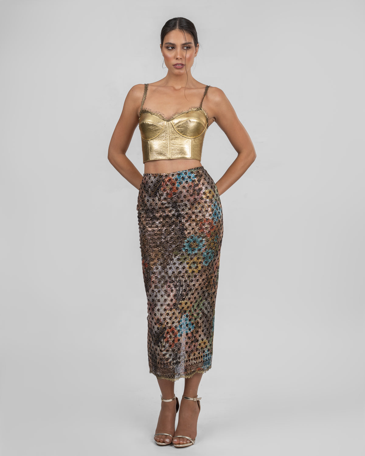 Gold Leather Corset & French Lace Skirt