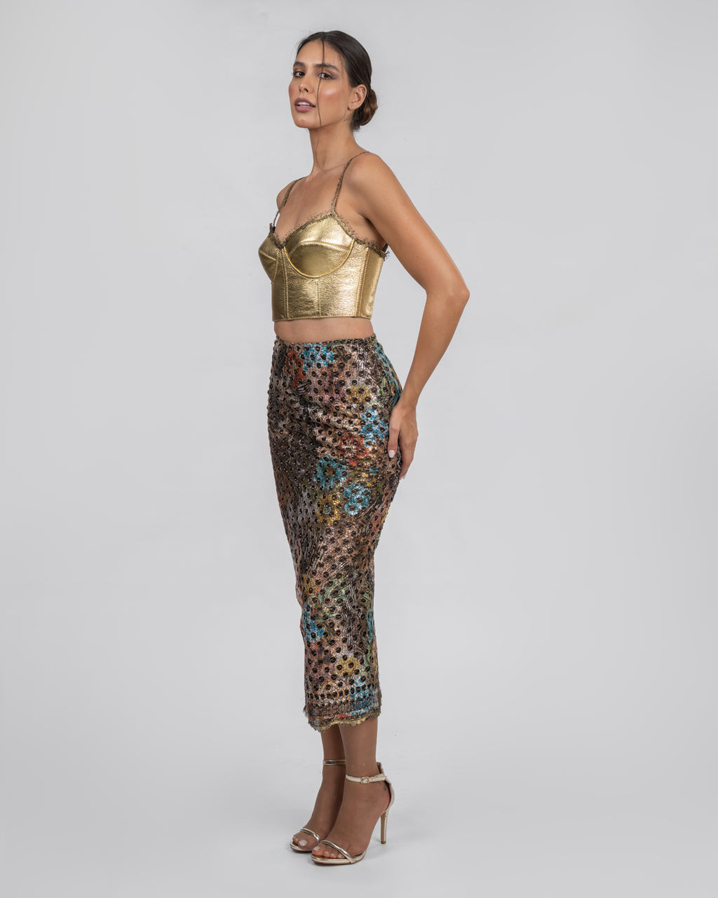 Gold Leather Corset & French Lace Skirt