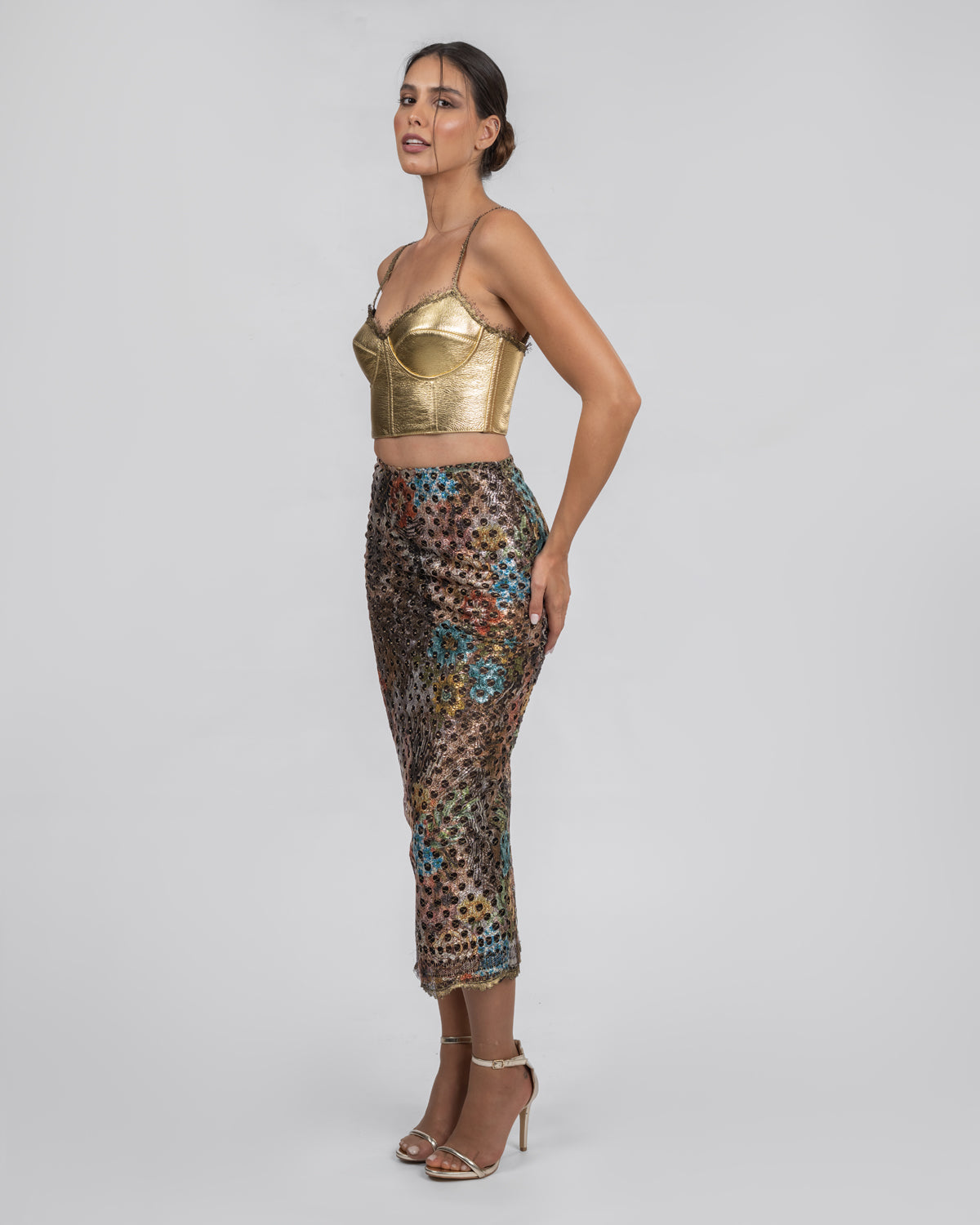 Gold Leather Corset & French Lace Skirt