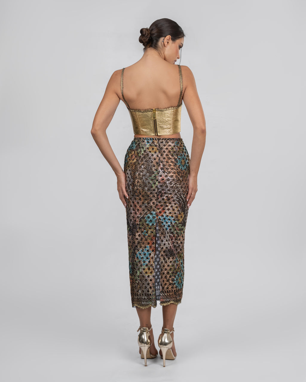 Gold Leather Corset & French Lace Skirt