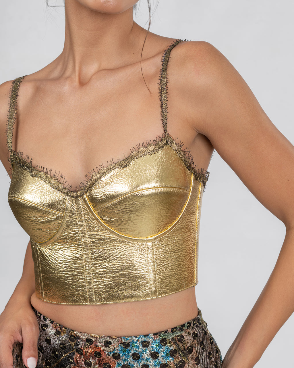 Gold Leather Corset & French Lace Skirt