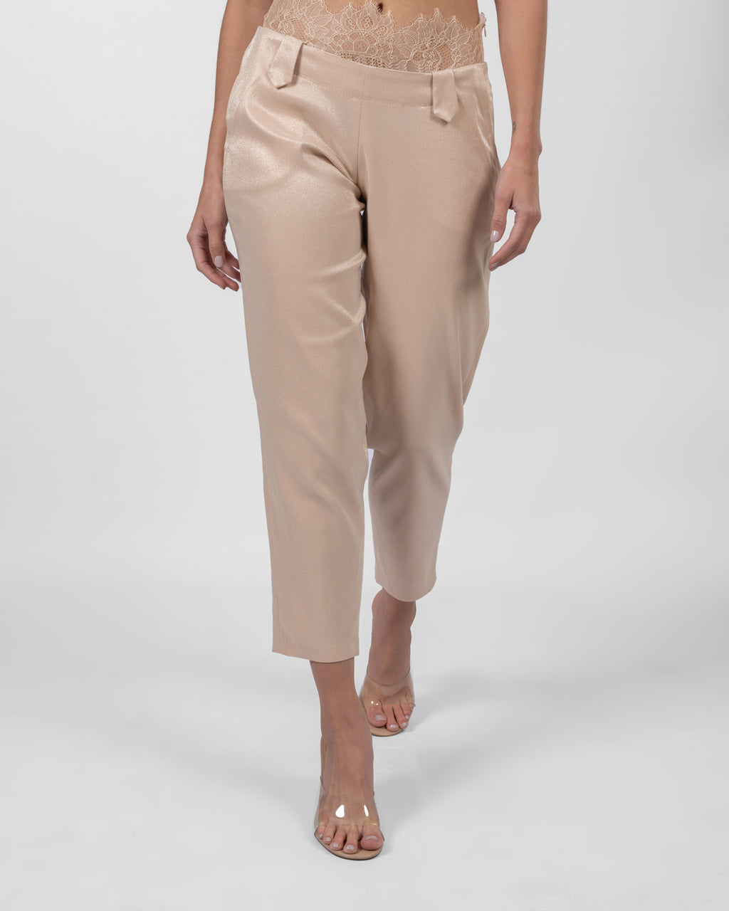 Powder Pink Satin Straight-Leg Trousers