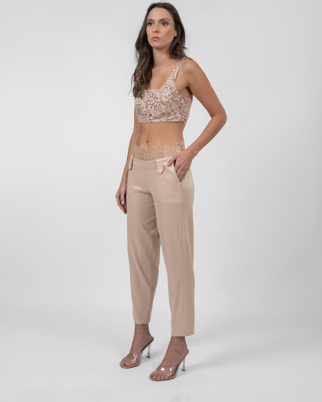 Powder Pink Satin Straight-Leg Trousers