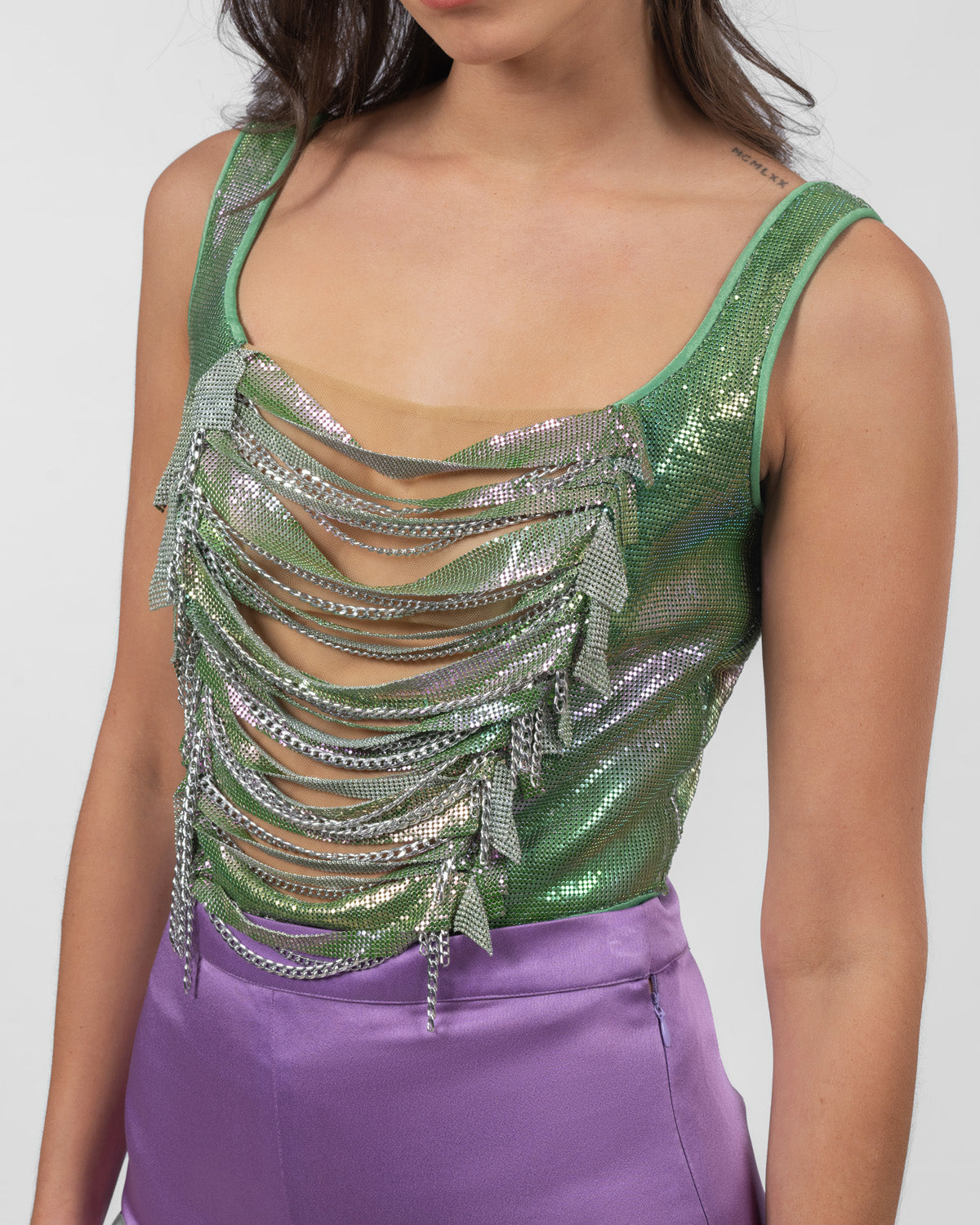 Metallic corset top with silver chains