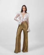 Shimmery Gold Flared-Leg Trousers