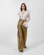 Shimmery Gold Flared-Leg Trousers