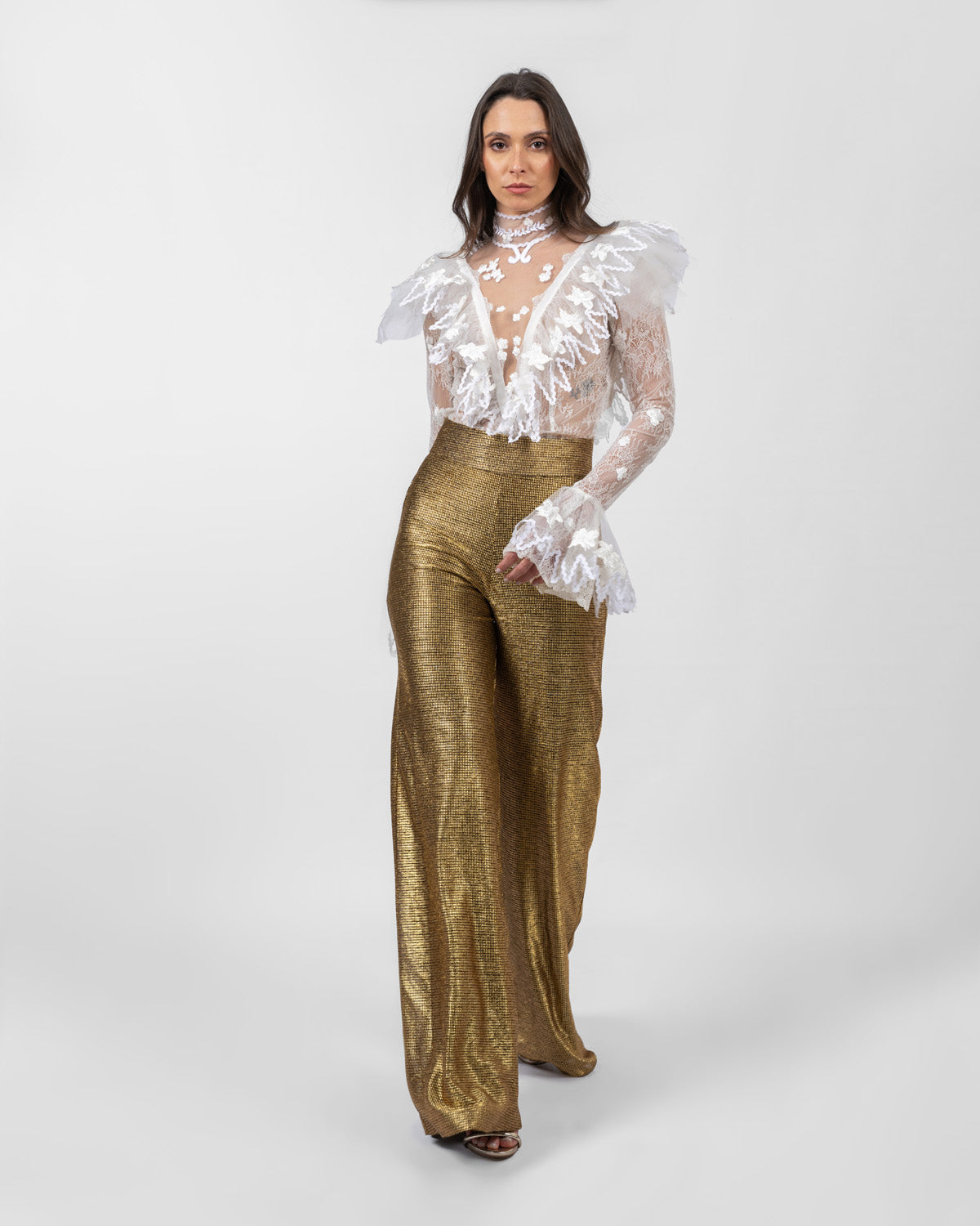 Shimmery Gold Flared-Leg Trousers