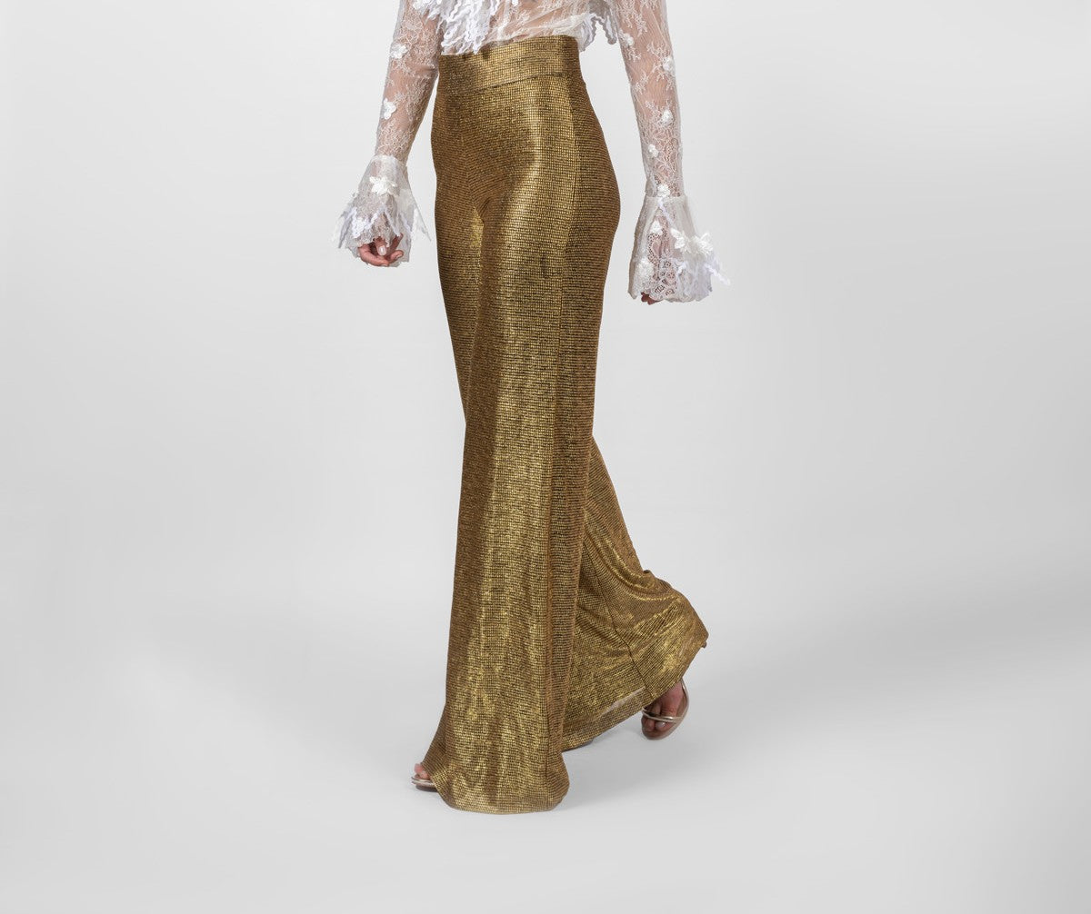 Shimmery Gold Flared-Leg Trousers