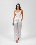 Printed white silk satin trousers