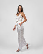 Printed white silk satin trousers