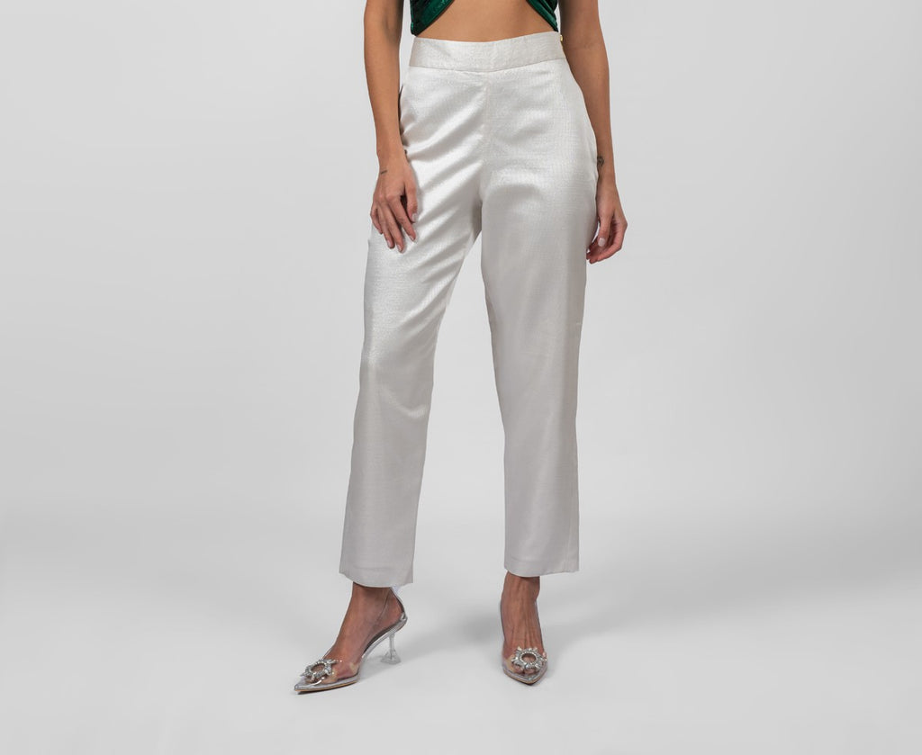 Shimmery white silk brocade trousers