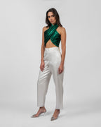 Shimmery white silk brocade trousers