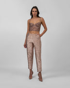 Rose gold crushed brocade trousers