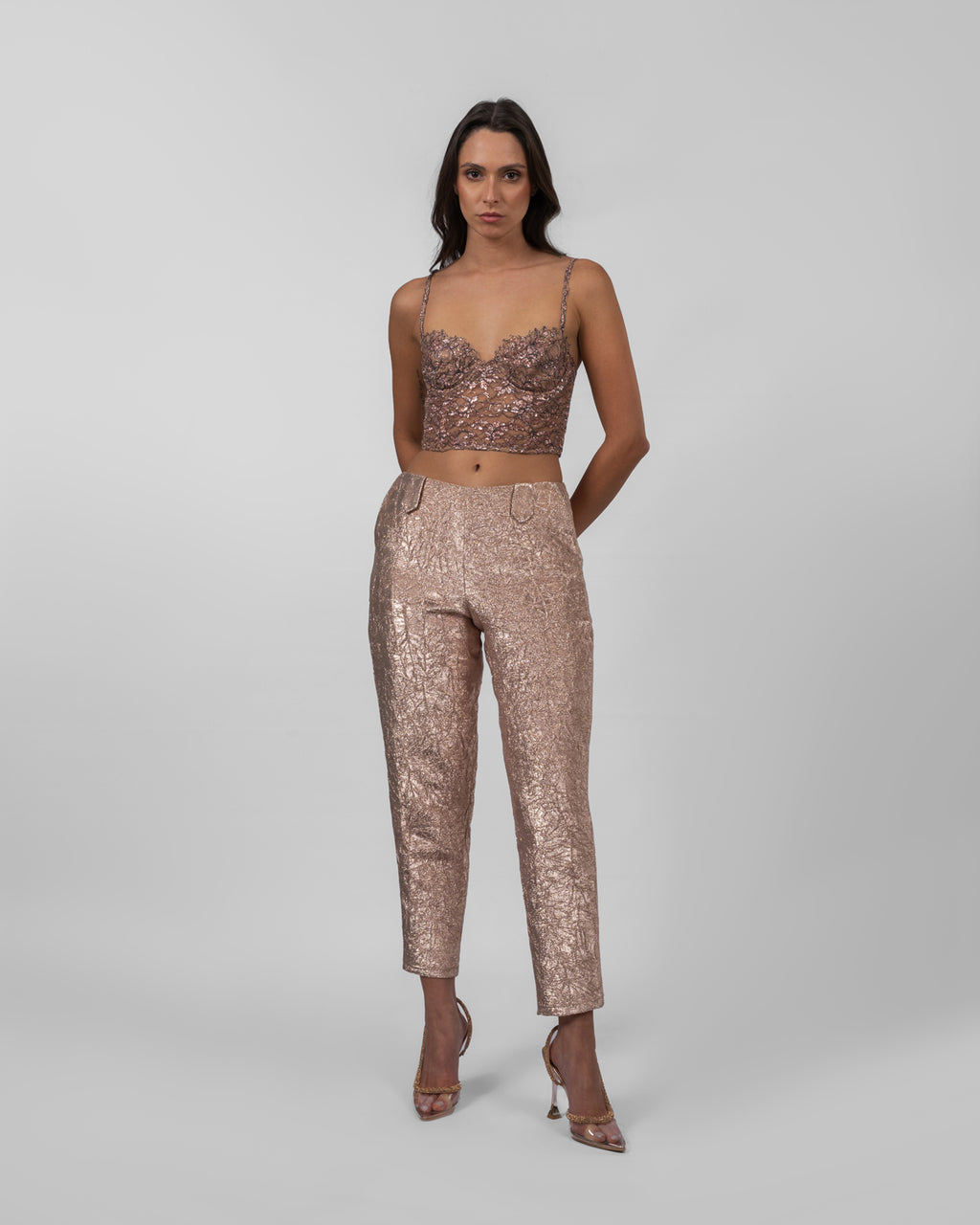 Rose gold crushed brocade trousers