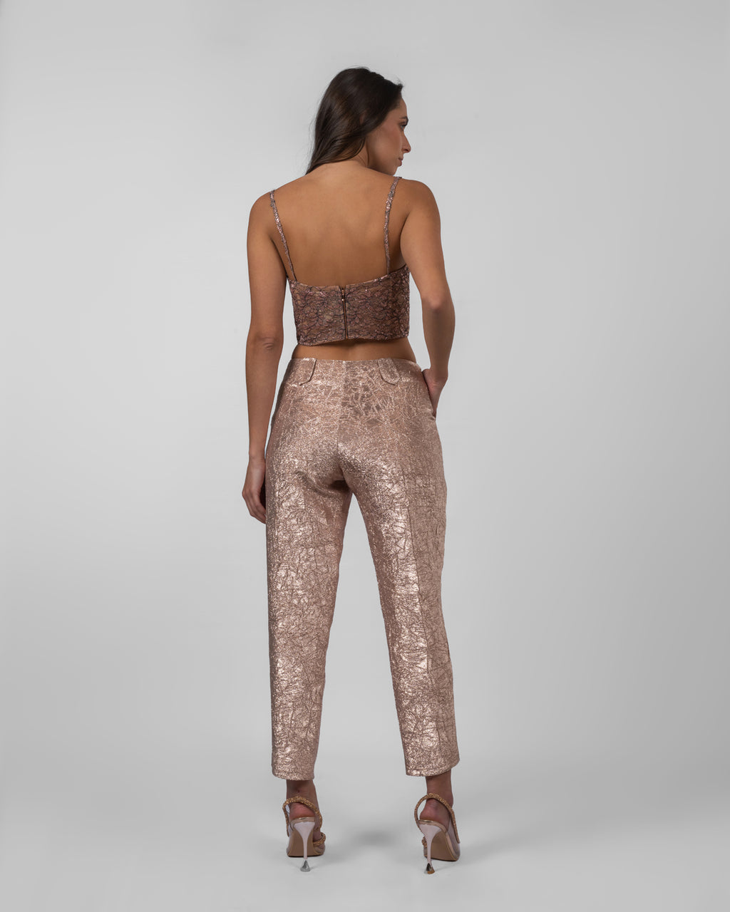 Rose gold crushed brocade trousers