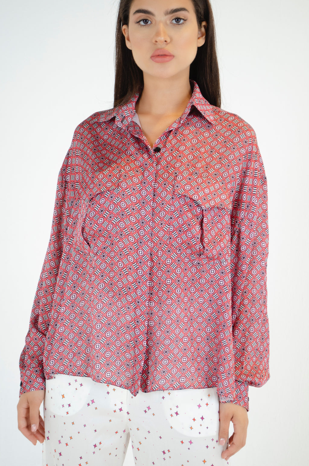 Refined Printed Coral Oversized Blouse