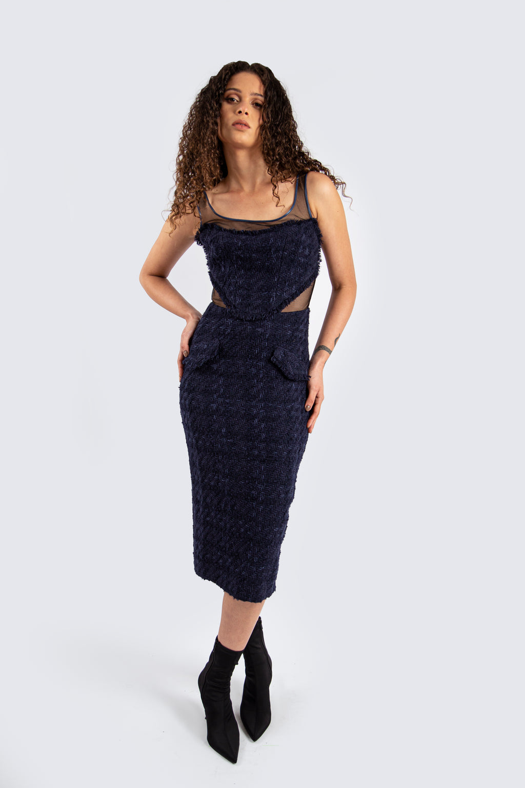 Tweed Navy Midi Dress
