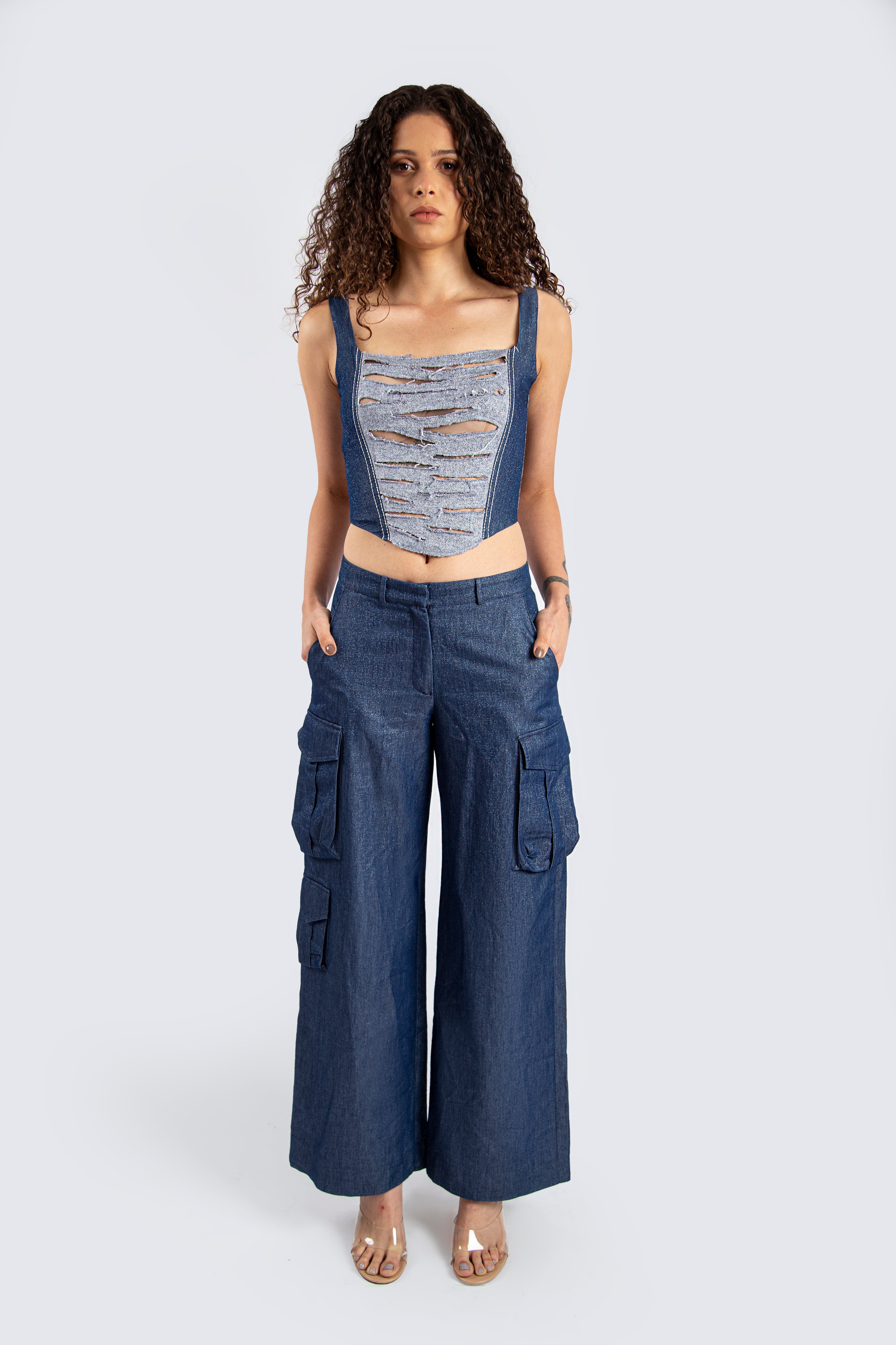 Shimmery Denim Wide Leg Pants