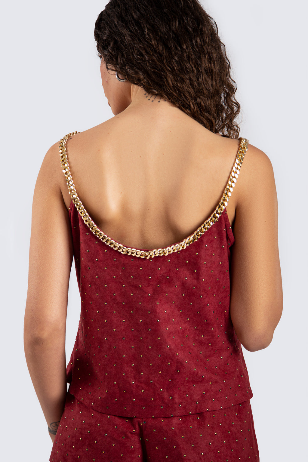 Suede Burgundy Top with Gold Studs and Chain
