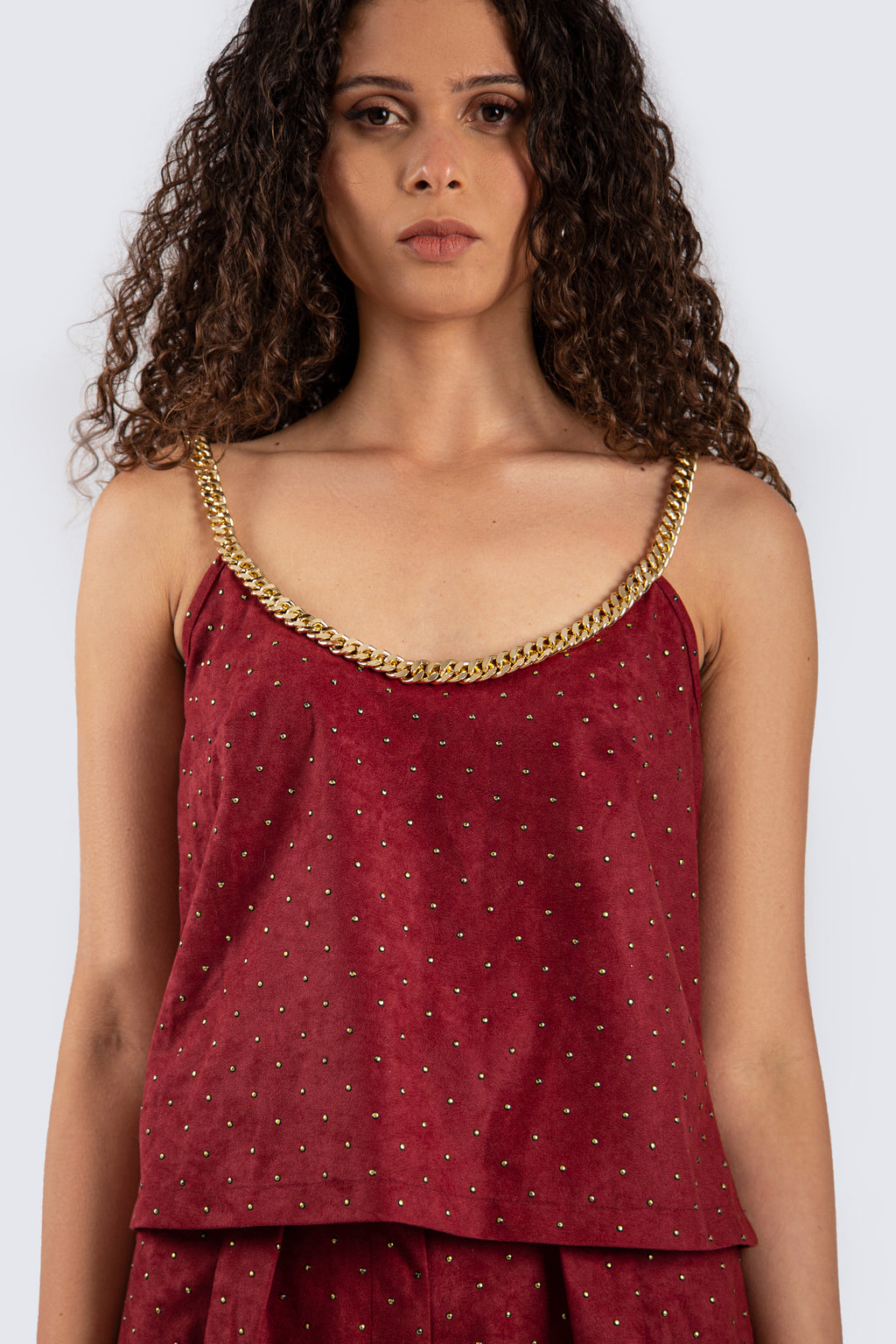 Suede Burgundy Top with Gold Studs and Chain