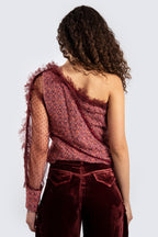One shoulder burgundy top with mesh details