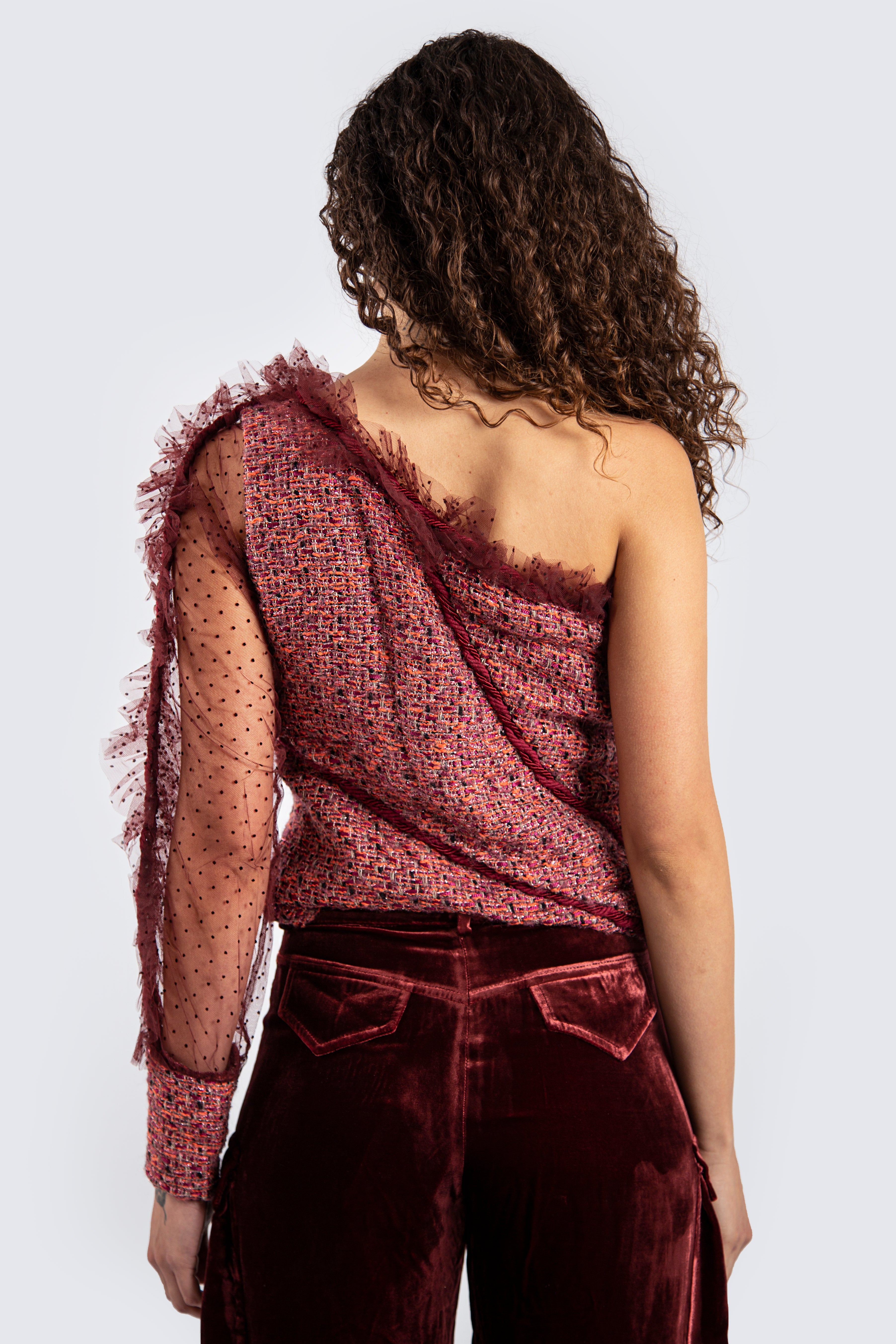 One shoulder burgundy top with mesh details