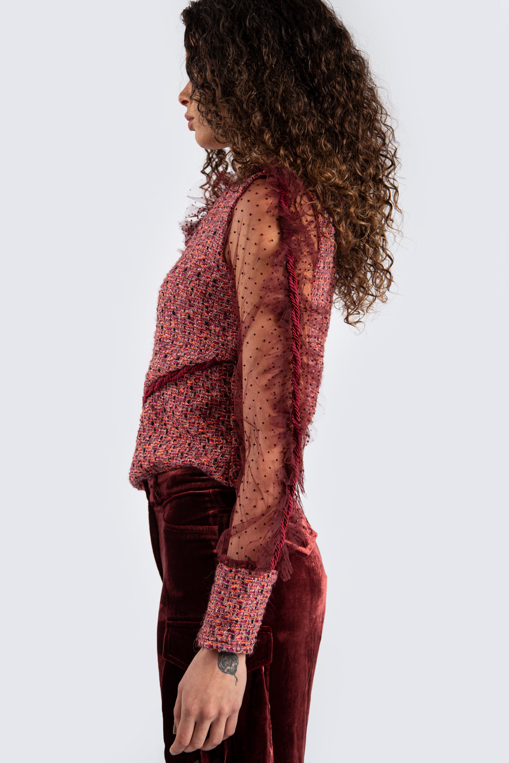 One shoulder burgundy top with mesh details