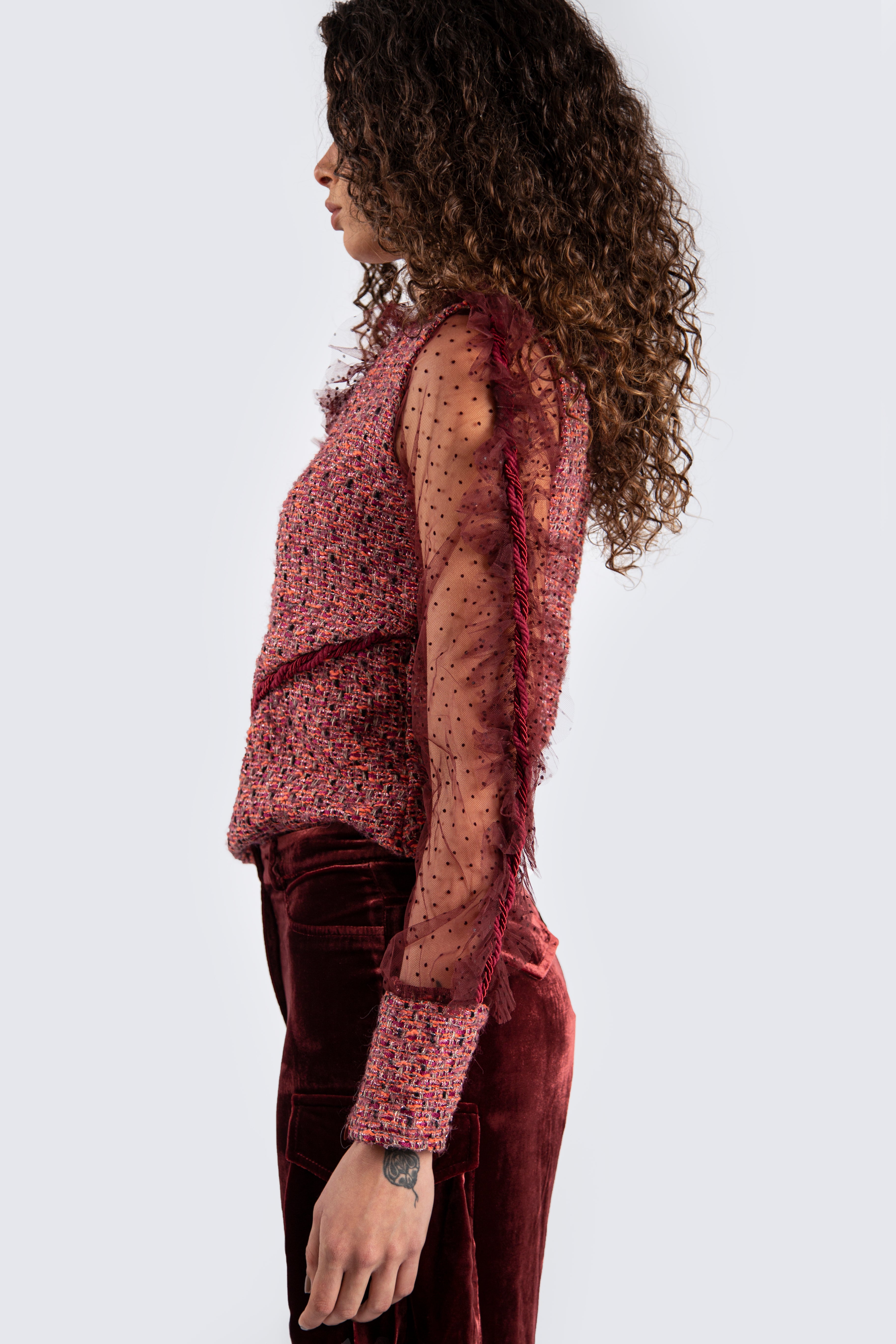 One shoulder burgundy top with mesh details