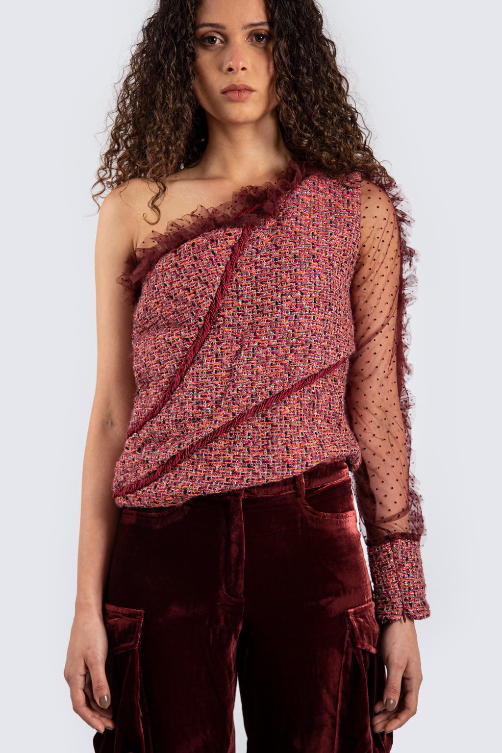 One shoulder burgundy top with mesh details