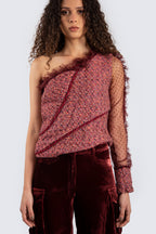 One shoulder burgundy top with mesh details