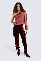 One shoulder burgundy top with mesh details